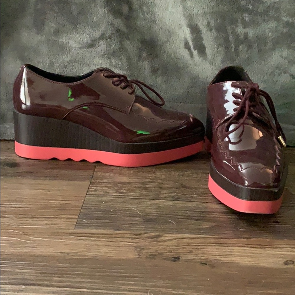 Square-Toe Faux Patent Leather Platform Oxfords